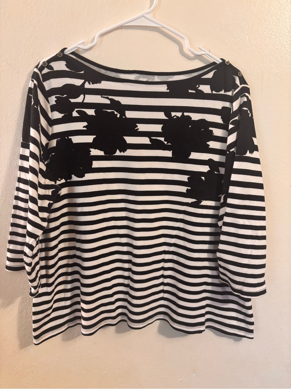 Westbound Black & White Striped Floral Boatneck Top